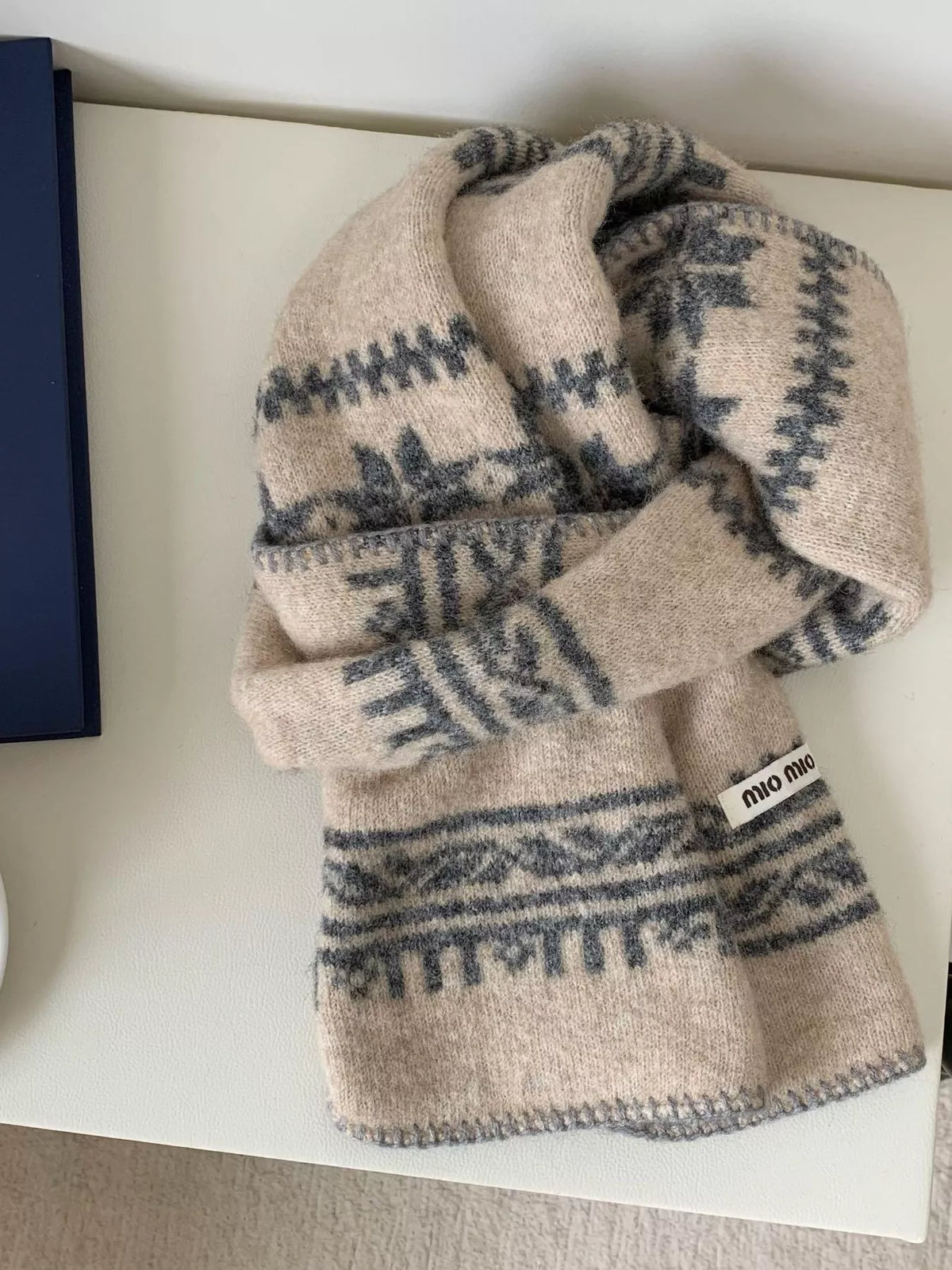 Vintage Pattern Knitted Scarf - Tan - View 2