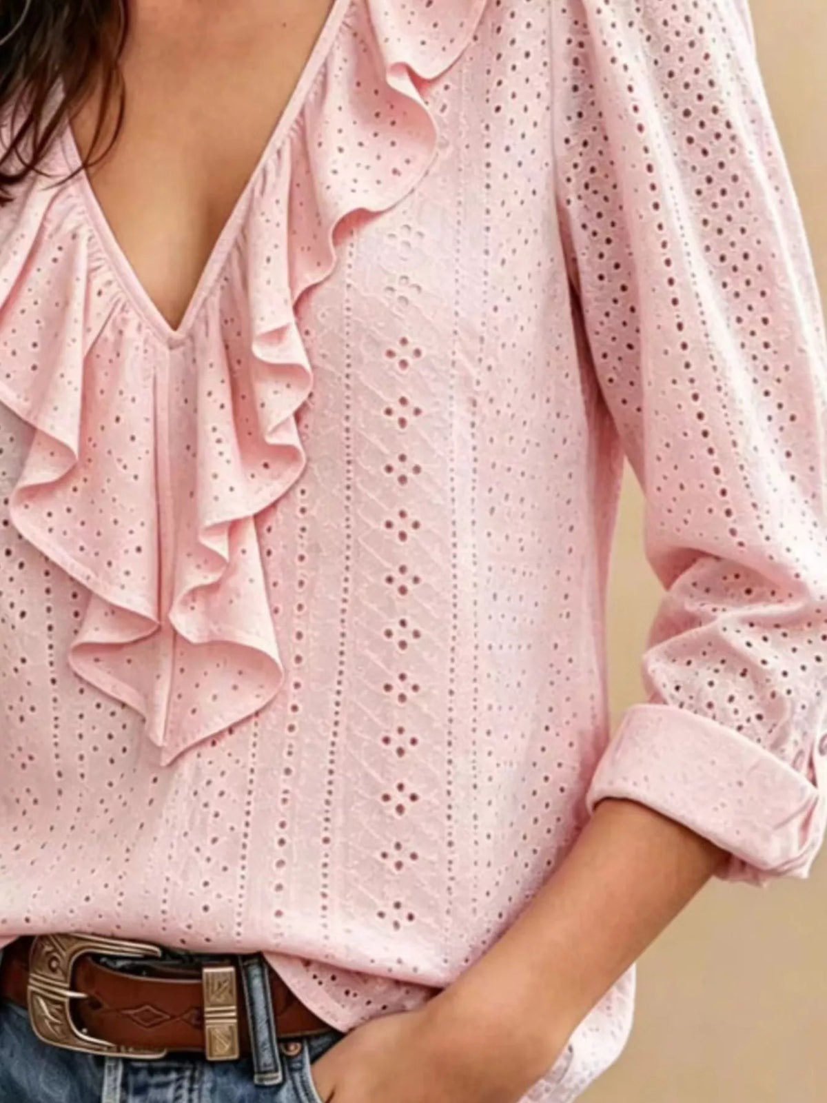 Eyelet Ruffle V-Neck Blouse - Blush Pink - View 2