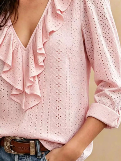 Eyelet Ruffle V-Neck Blouse - Blush Pink - View 2