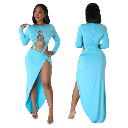 Long sleeved hollow out navel slit skirt set