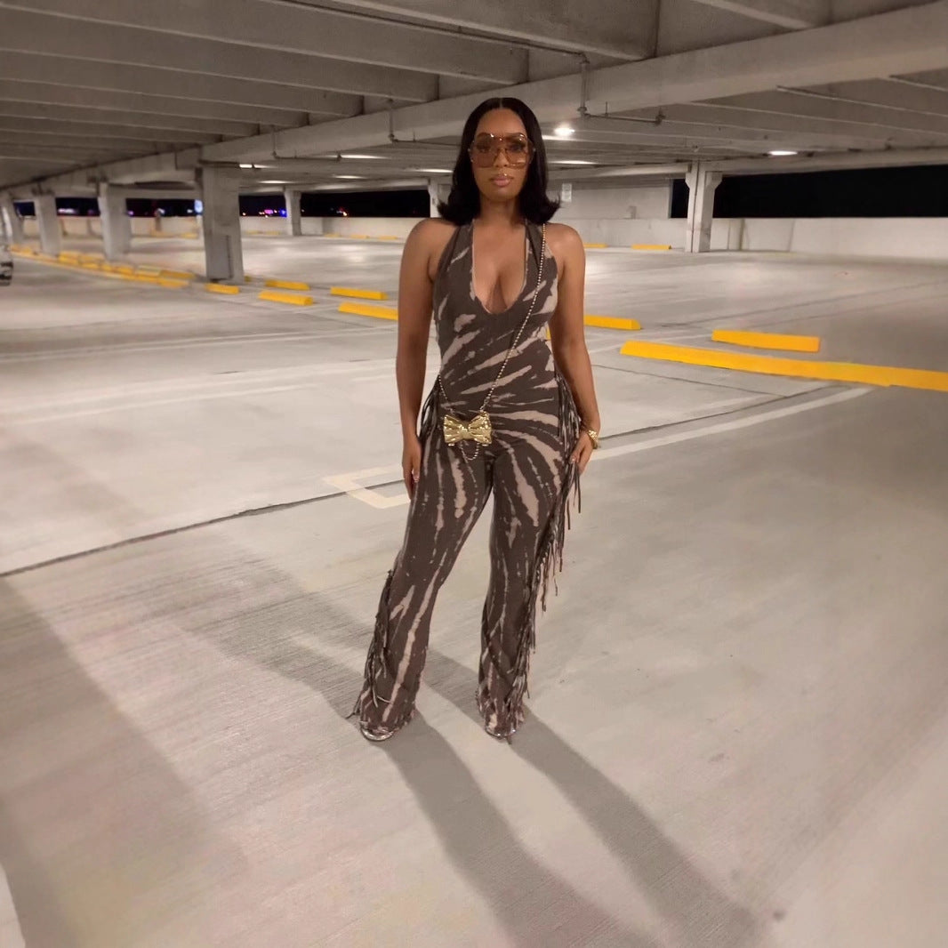 Fitted Backless Fringe Printed Halter Tie-Up Jumpsuit