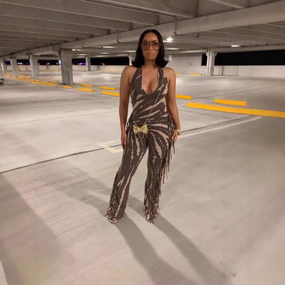 Fitted Backless Fringe Printed Halter Tie-Up Jumpsuit