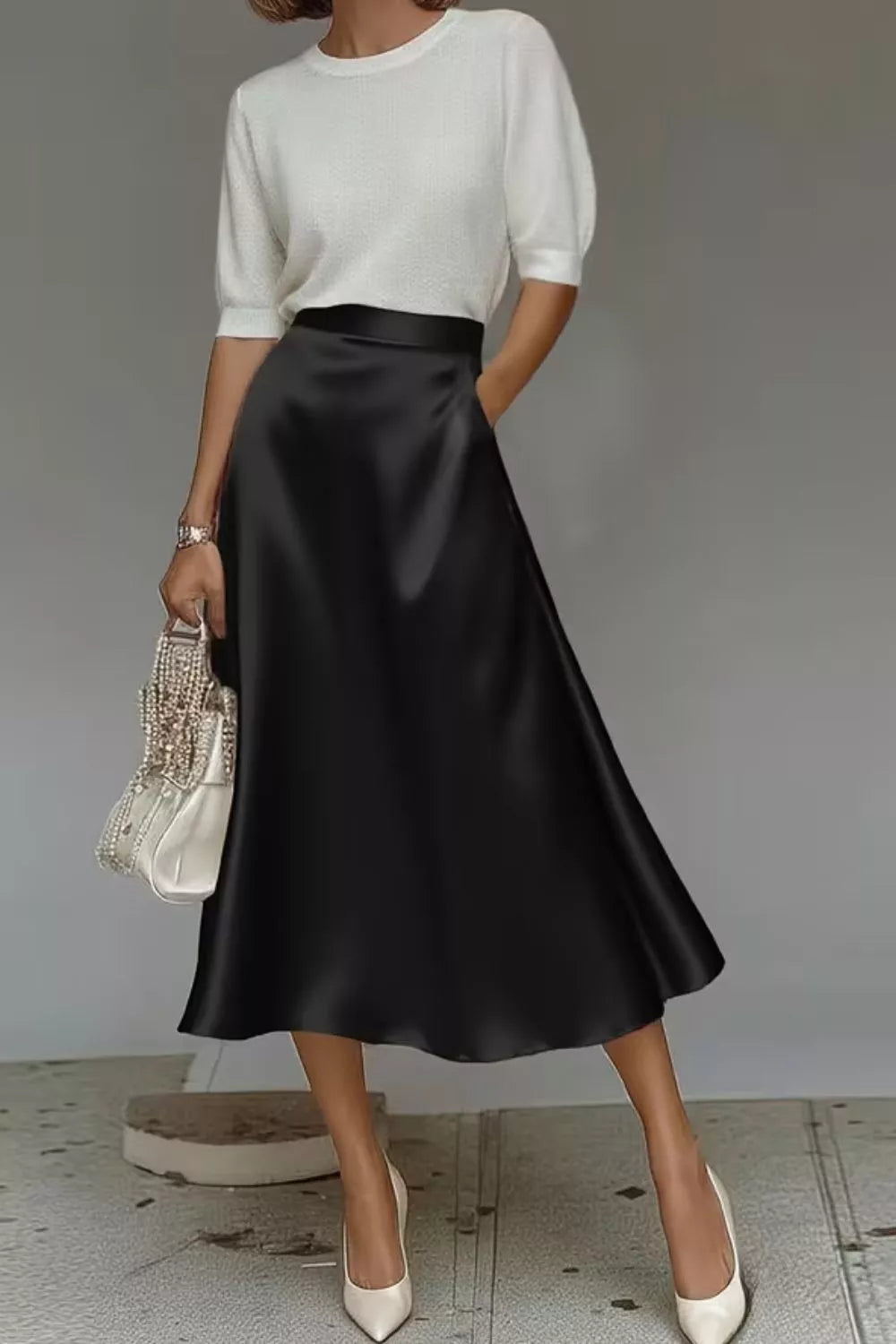 Satin A-Line Midi Skirt - Black - View 6