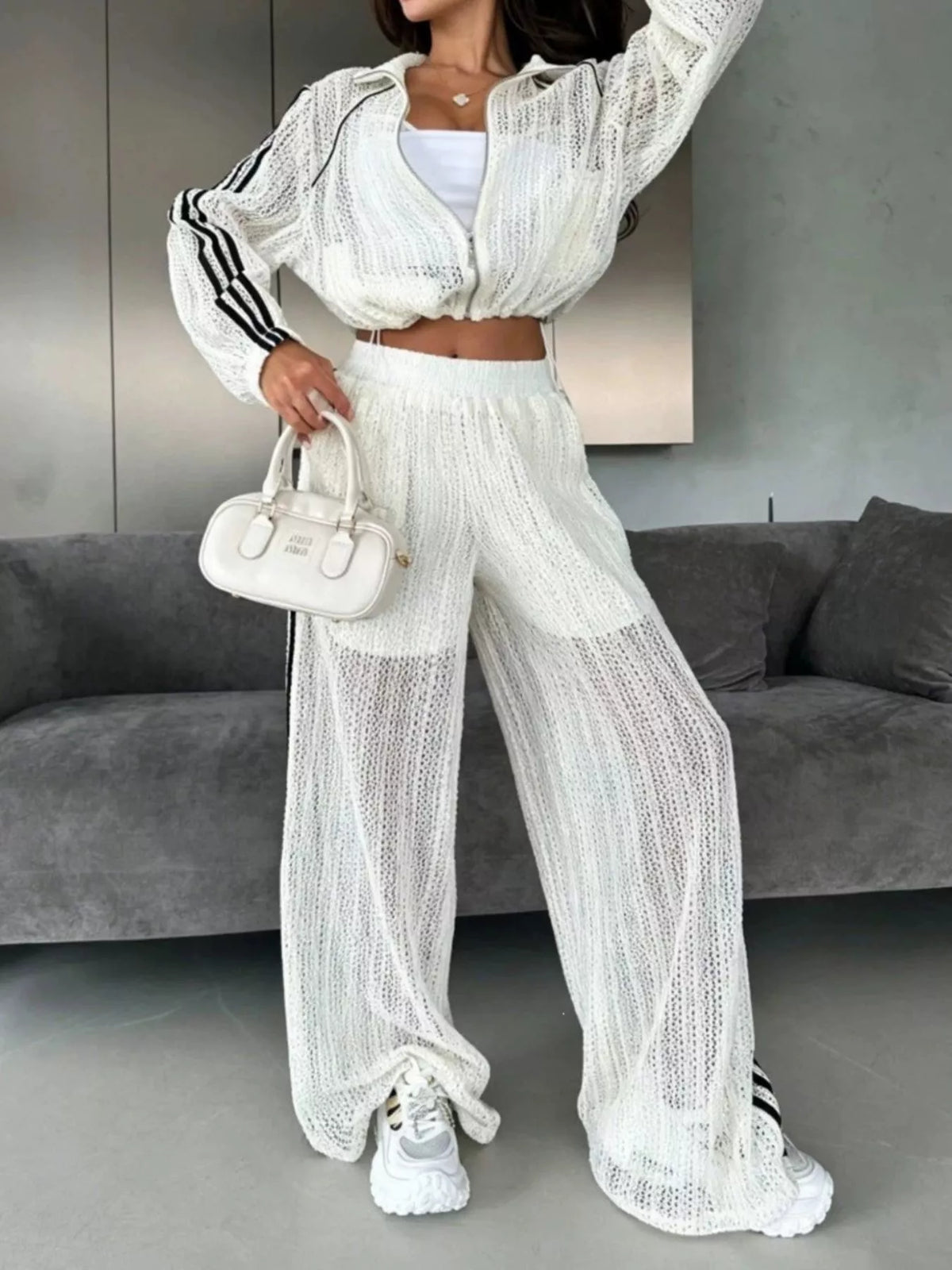 Side Stripes Zip Up Top and Pants Set - White - View 1