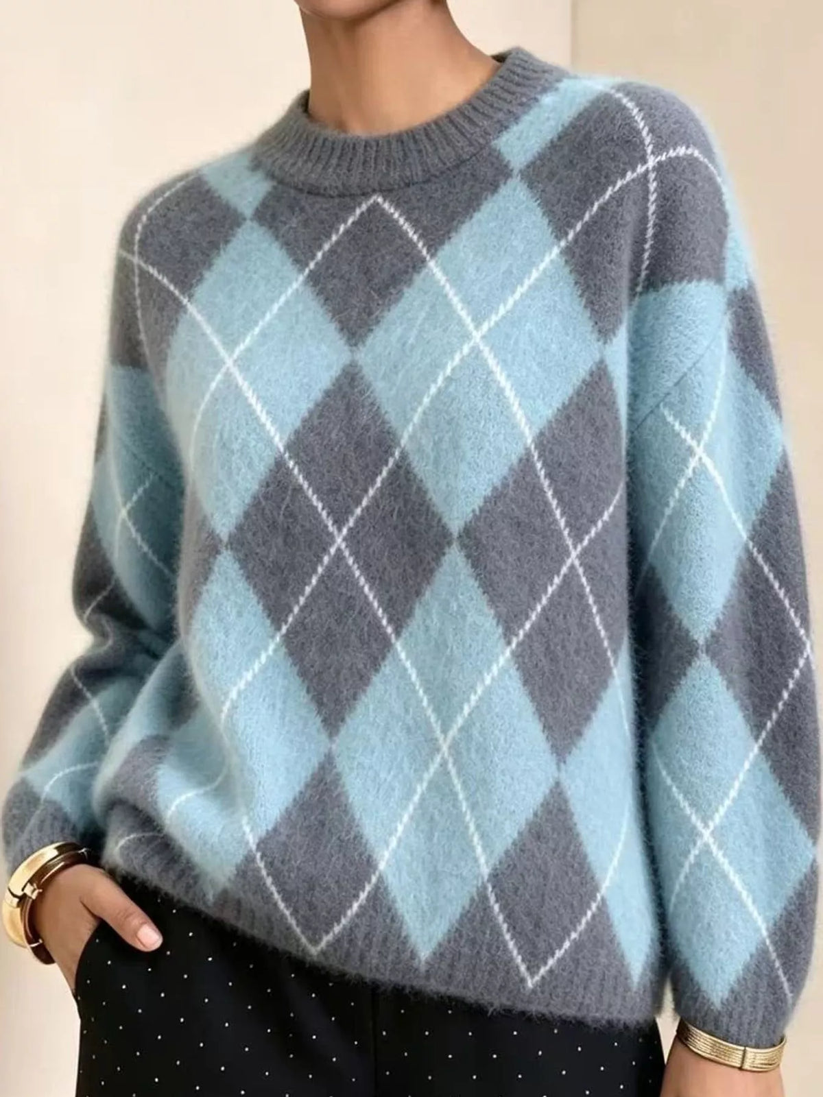 Argyle Pattern Fuzzy Knit Sweater - Sky Blue - View 14