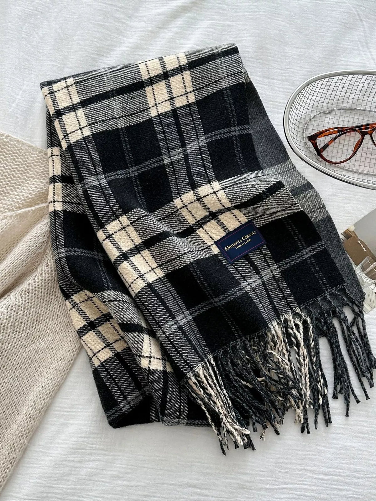 Classic Fringe Plaid Scarf - Black - View 5