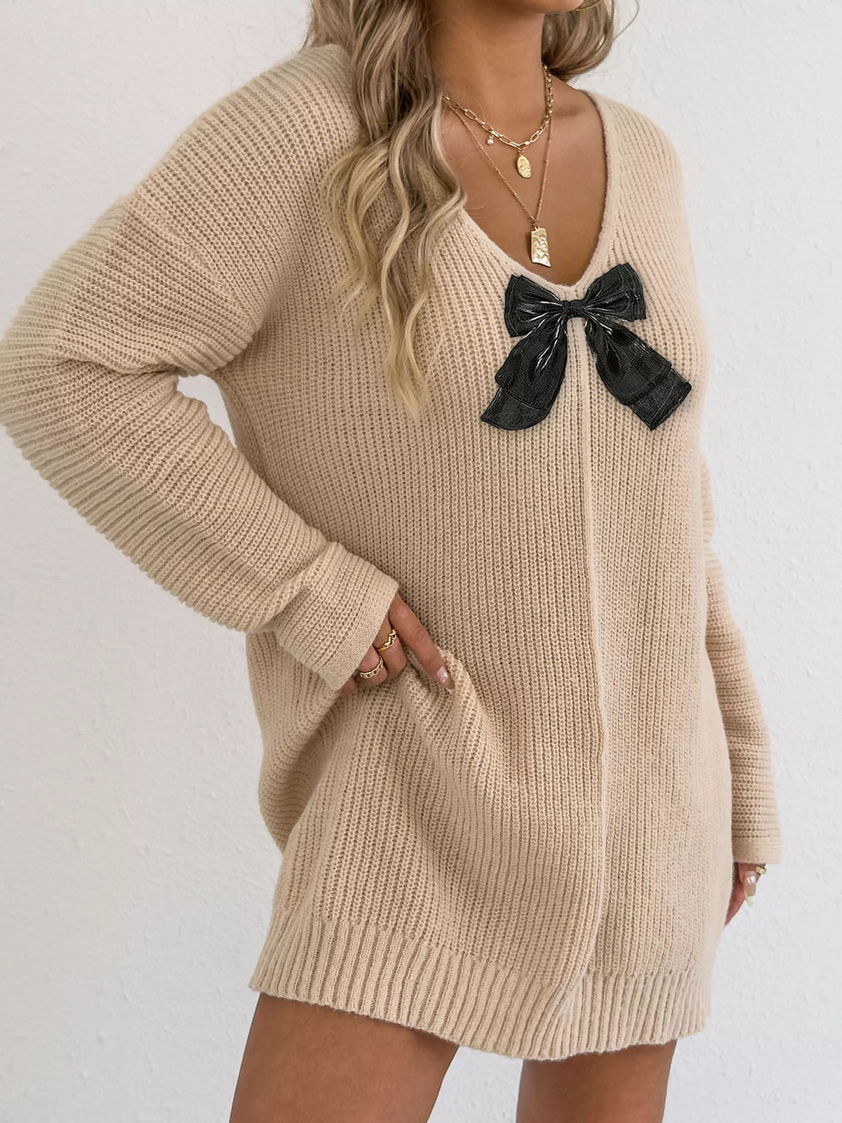 Bow Ribbed Knit Sweater Dress - Apricot - View 1