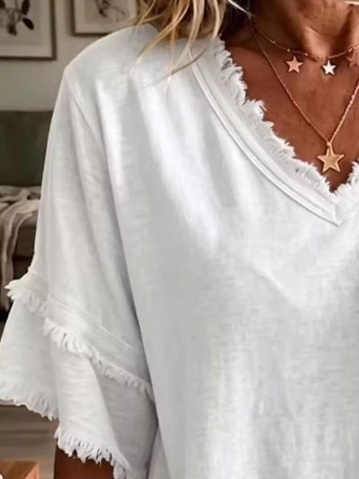 Full Size Frayed Edge V-Neck Blouse Plus Size - White - View 2