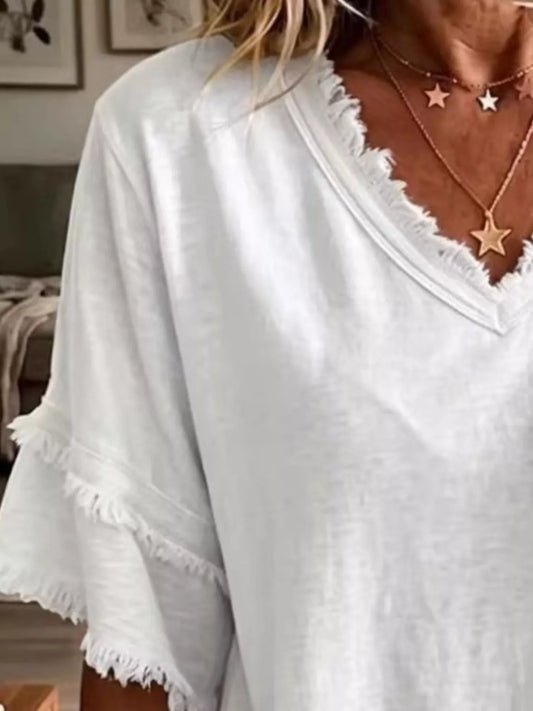 Full Size Frayed Edge V-Neck Blouse Plus Size - White - View 2