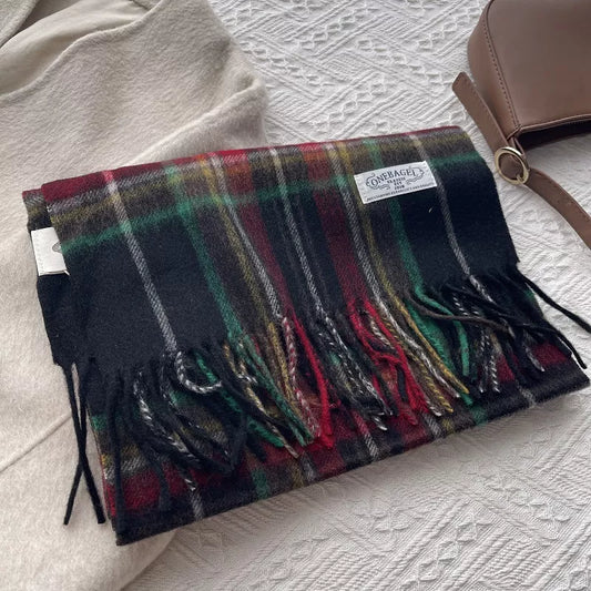 Wool Plaid Tassel Scarf - Black - View 2