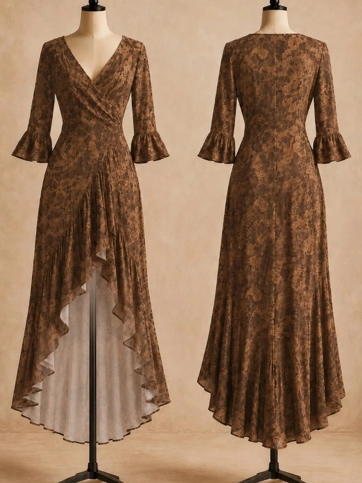 High-Low Ruffled Maxi Dress - Dark Brown - View 2