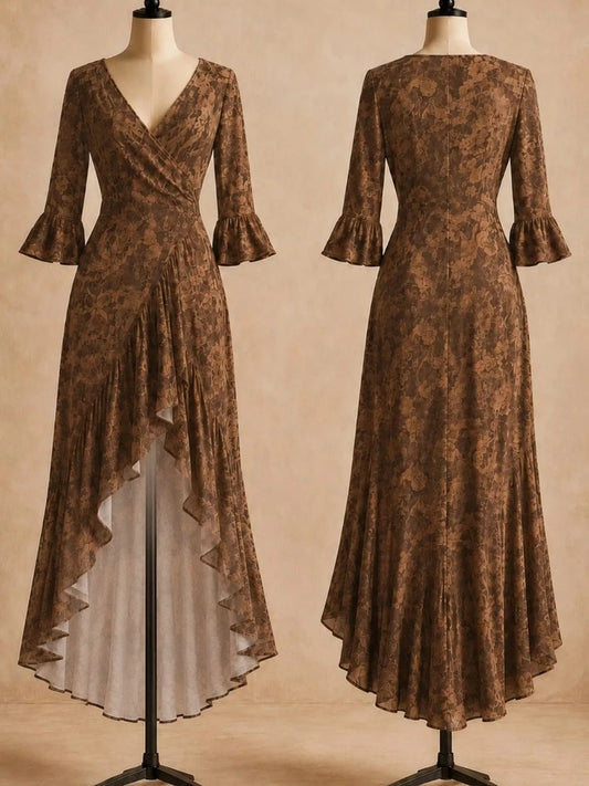 High-Low Ruffled Maxi Dress - Dark Brown - View 2