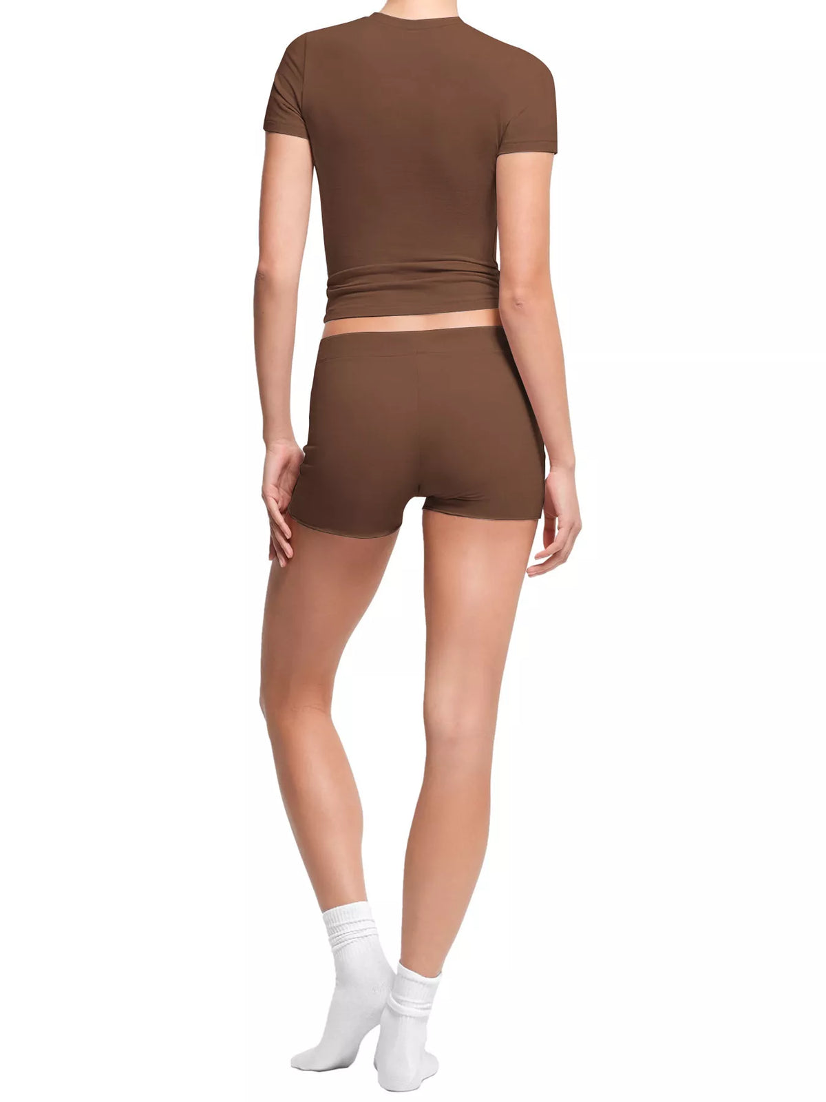 Mock Neck Crop Top and Drawstring Shorts Set - Brown - View 5