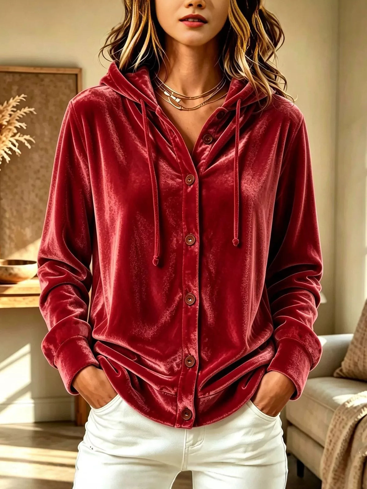 Full Size Velvet Button-Down Hooded Top Plus Size - Burgundy - View 1