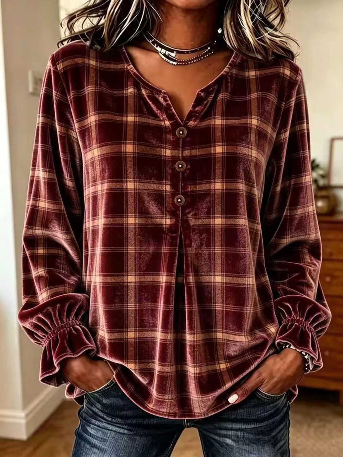 Full Size Plaid Velvet Flounce Sleeve Blouse Plus Size - Burgundy - View 1