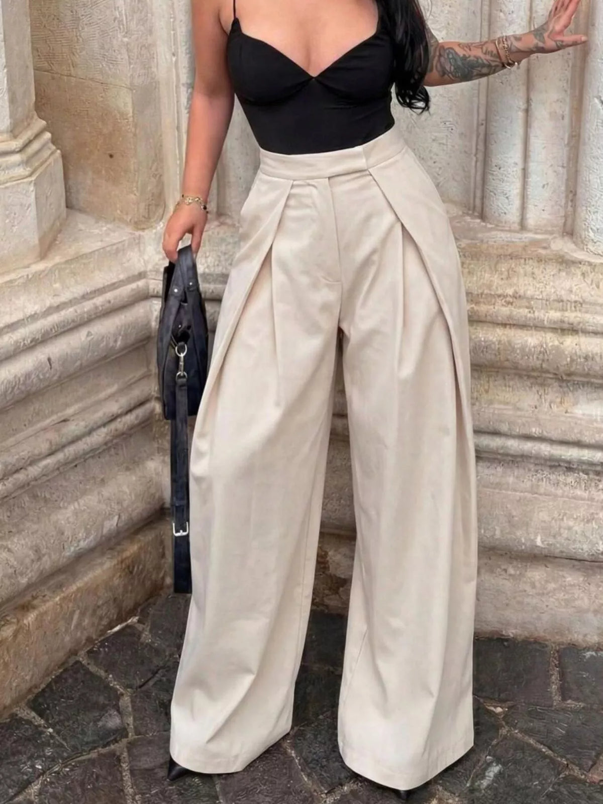 High-Waisted Pleated Wide Leg Pants - Dust Storm - View 3