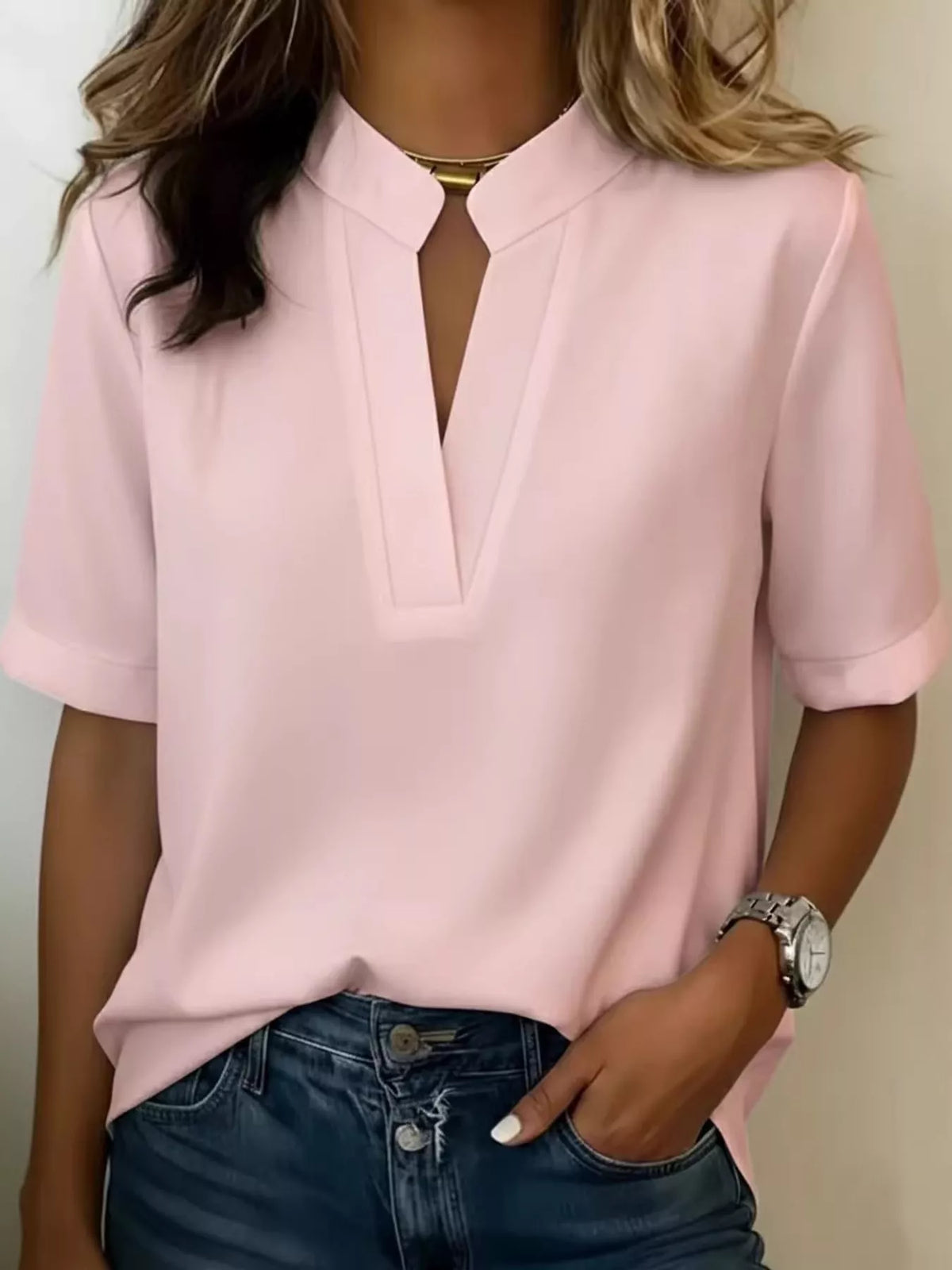 Full Size Notched Short Sleeve Blouse Plus Size - Pink - View 17