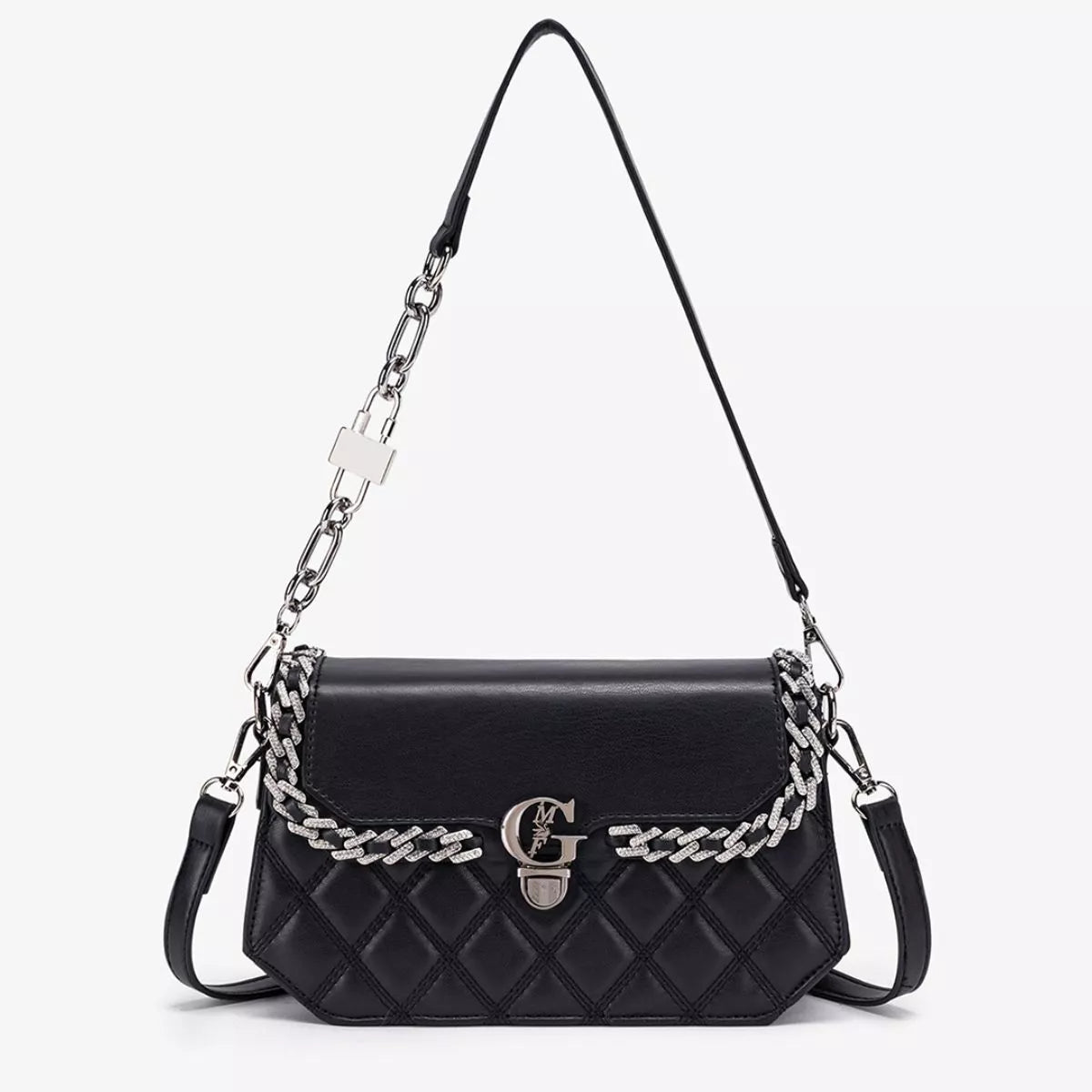 Quilted PU Leather Crossbody Bag with Rhinestone Decor - Black - View 1