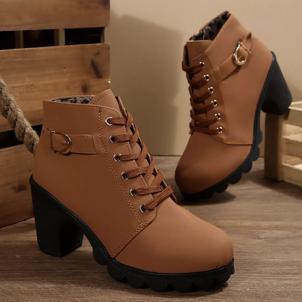 Lace Up Block Heels Boots - Brown - View 8