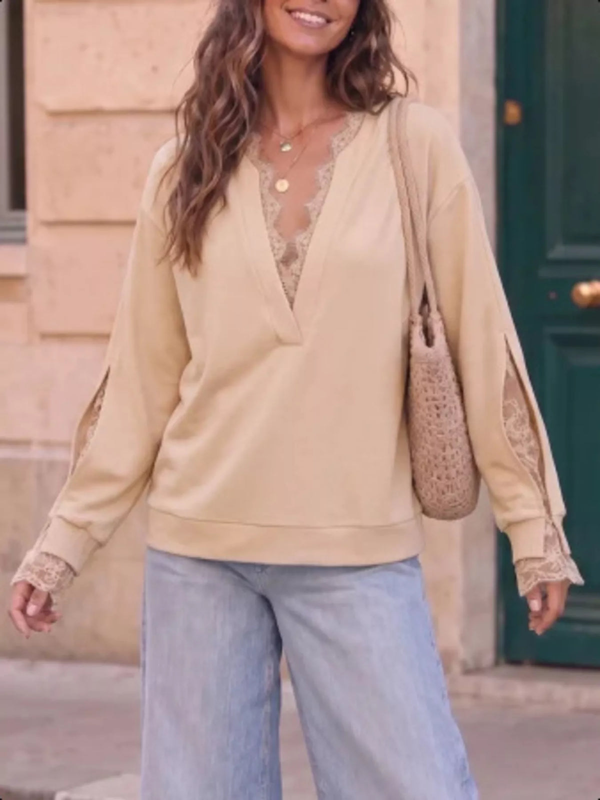 Lace Trim Split Sleeve Sweatshirt - Khaki - View 2