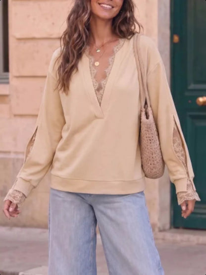Lace Trim Split Sleeve Sweatshirt - Khaki - View 2