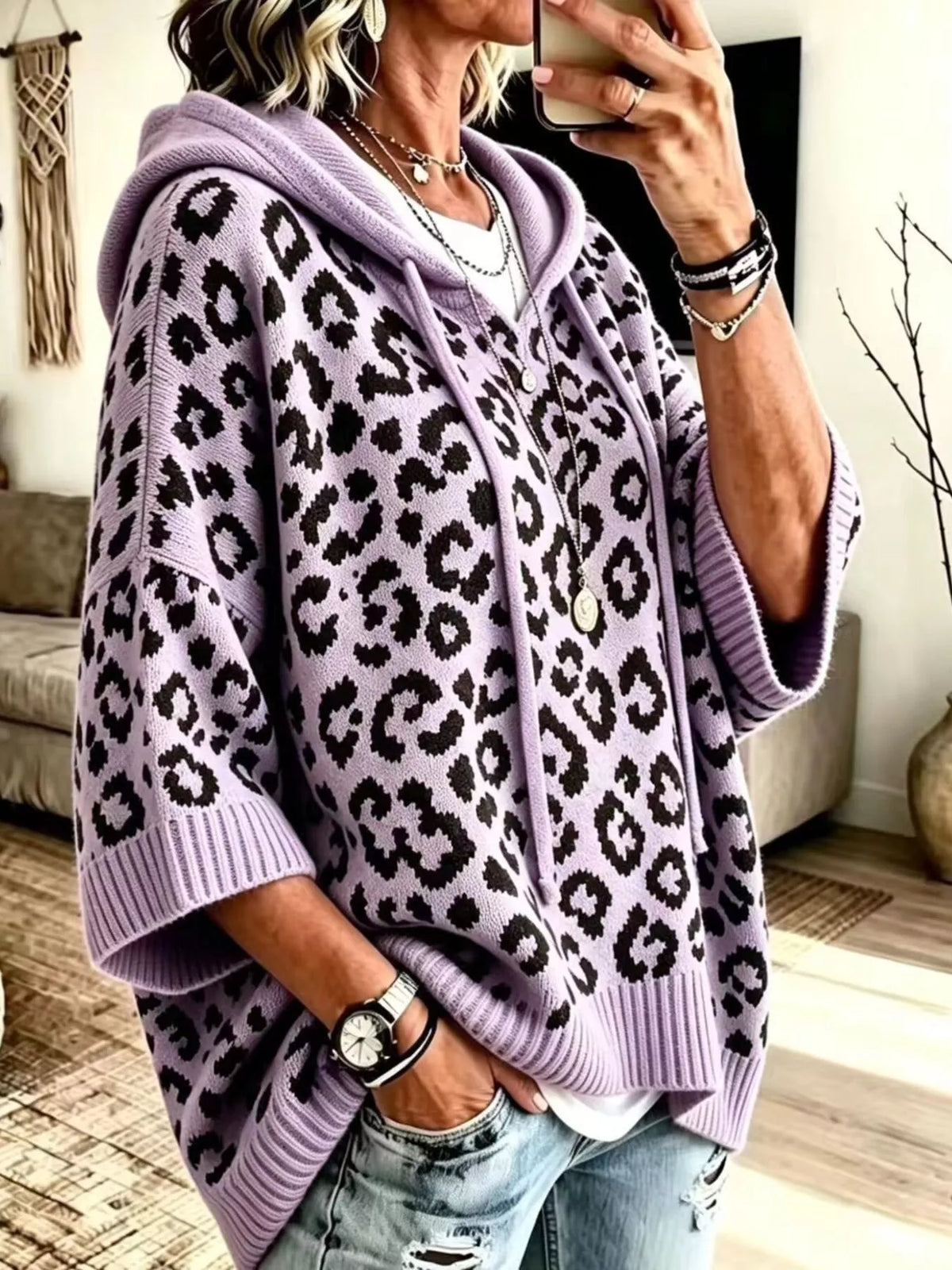 Drawstring Leopard Hooded Sweater - Purple - View 17