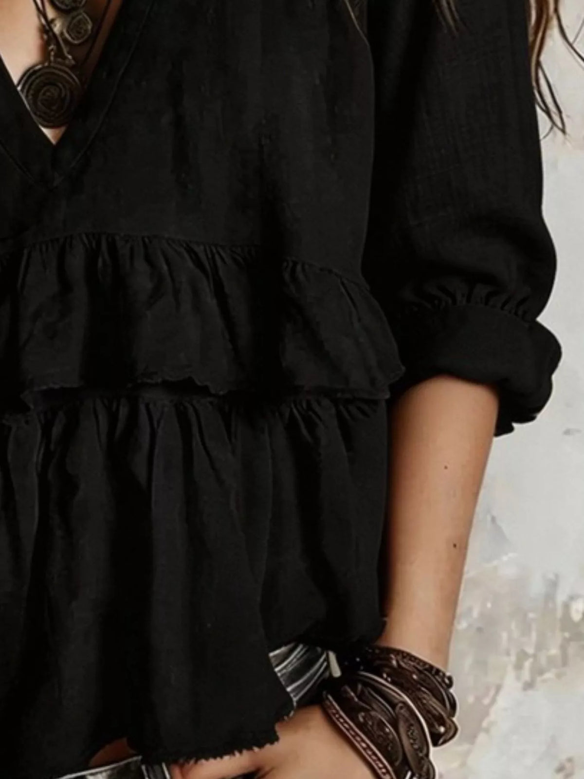Full Size Ruffled Hem V-Neck Blouse Plus Size - Black - View 2