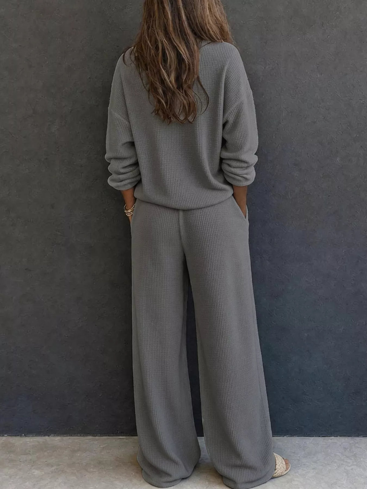 Waffle Knit Henley Top and Wide Leg Pants Set - Dark Gray - View 12