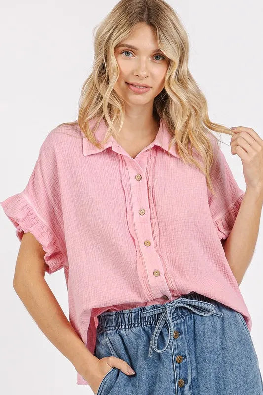 Mittoshop Mineral Washed Button Down Flounce Sleeve Shirt - Blush Pink - View 1