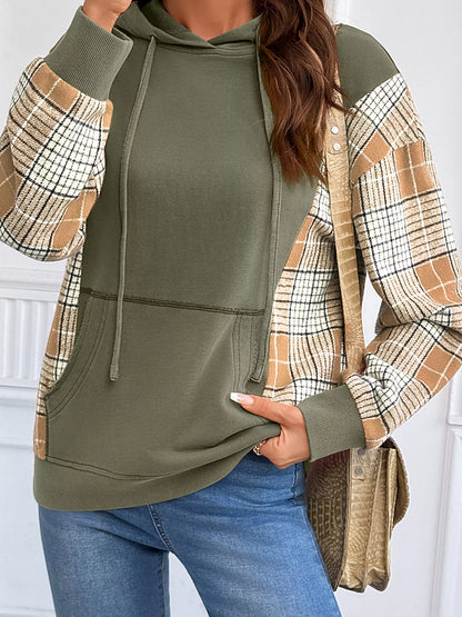 Plaid Sleeve Drawstring Pocket Hoodie - Sage - View 7