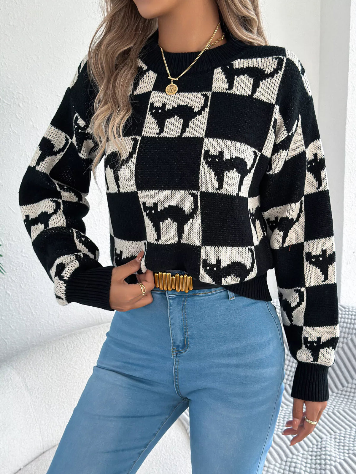 Checkerboard Halloween Graphic Sweater - Black - View 6
