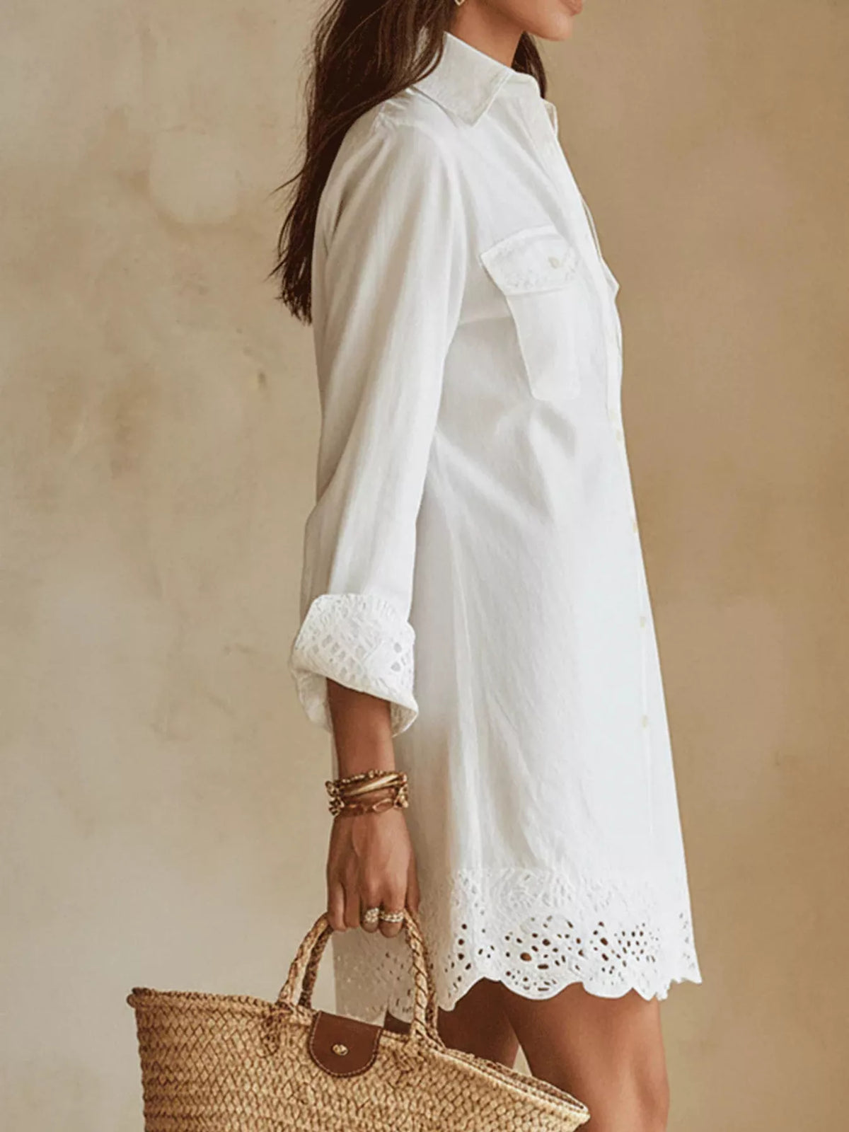 Button-Down Shirt Dress with Lace Trim - White - View 2