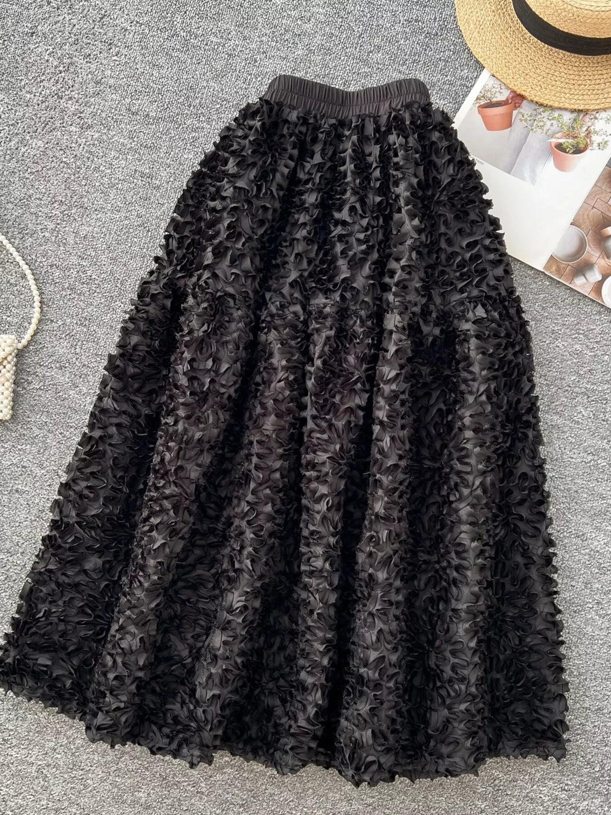 Elegant 3D Lace Trim High‑Waist A‑Line Midi Skirt - Black - View 2