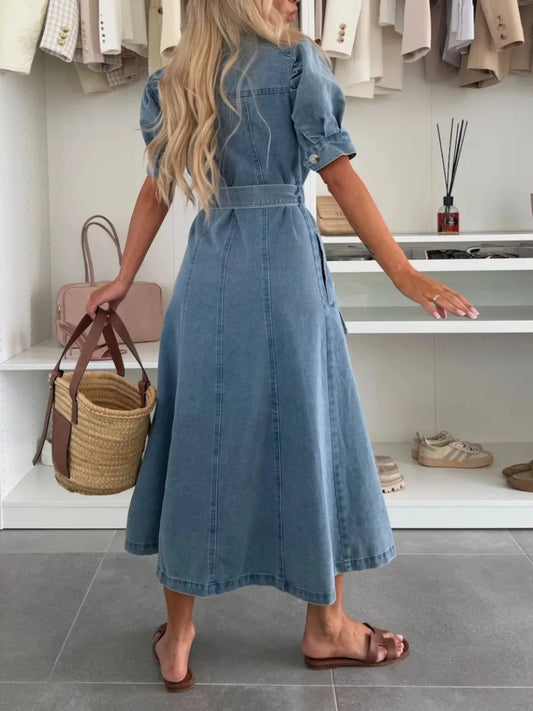 Puff Sleeve Button Down Belted Denim Midi Dress - product photo 2