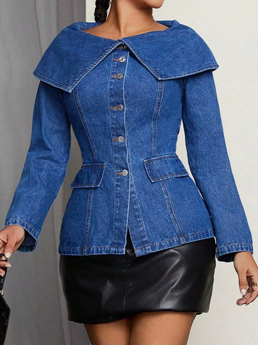Wide Collar Slim Fit Denim Jacket - Denim Blue - View 1