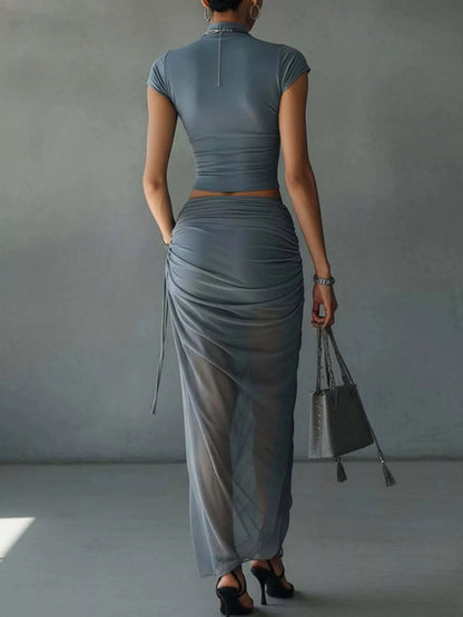 Mock Neck Crop Top and Ruched Maxi Skirt Set - Air Force Blue - View 2