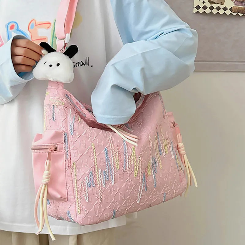 Contrast Texture Shoulder Bag - Pink - View 7