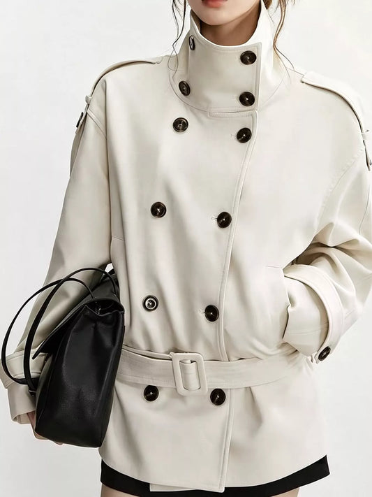 Double-Breasted Turtleneck Trench Outerwear - White - View 1