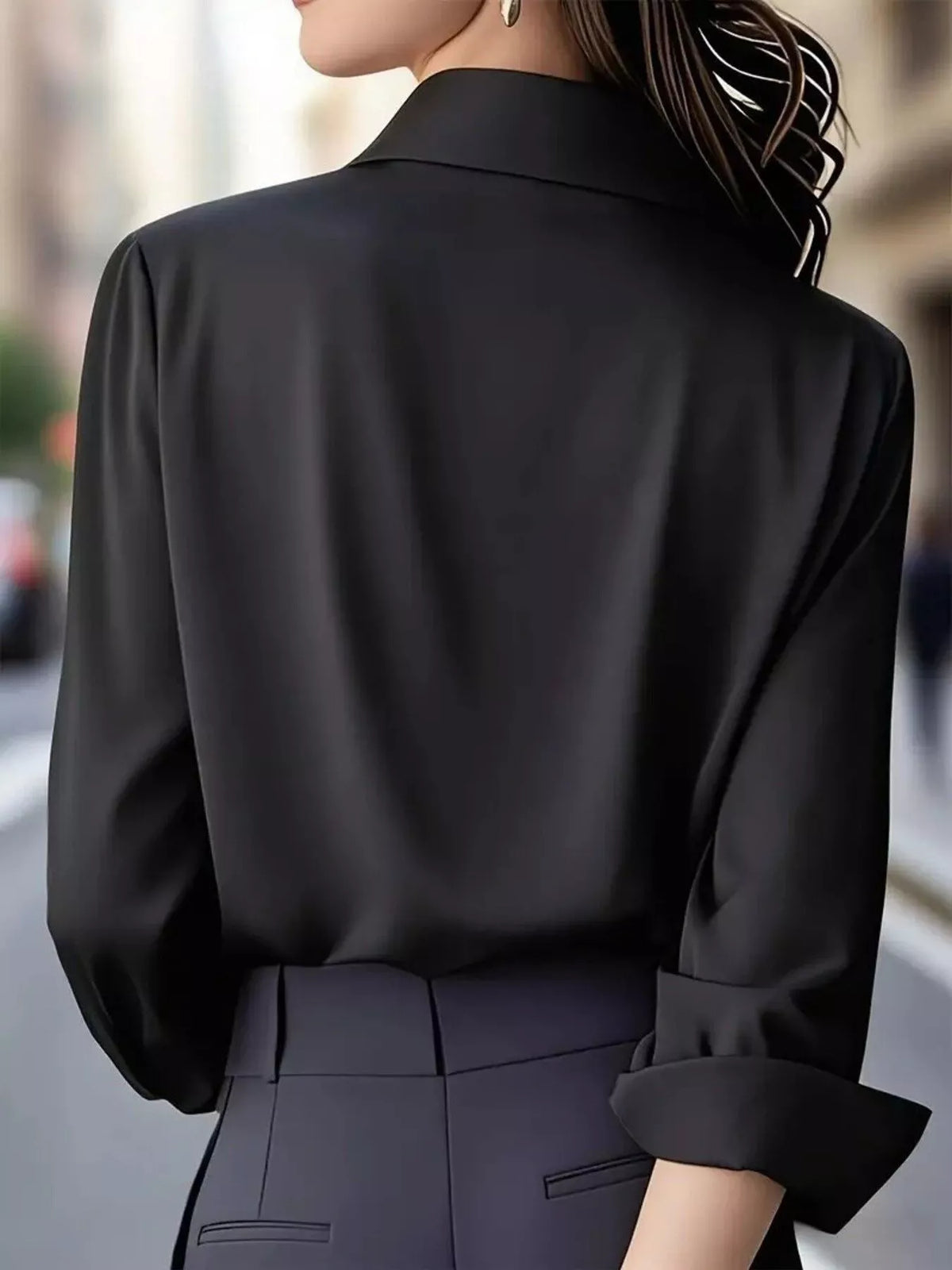 Button Down Collared Neck Long Sleeve Shirt - Black - View 5