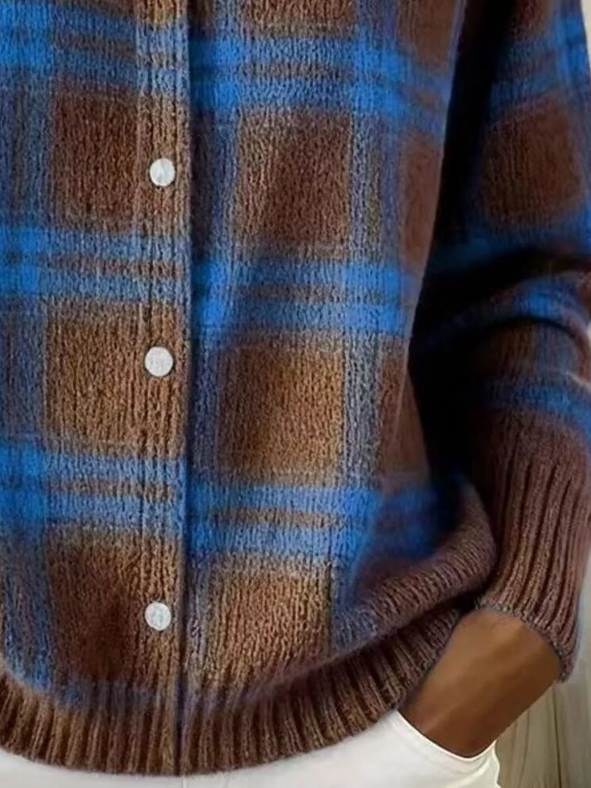 Full Size Plaid Button-Down Knit Cardigan Plus Size - Dark Brown - View 9