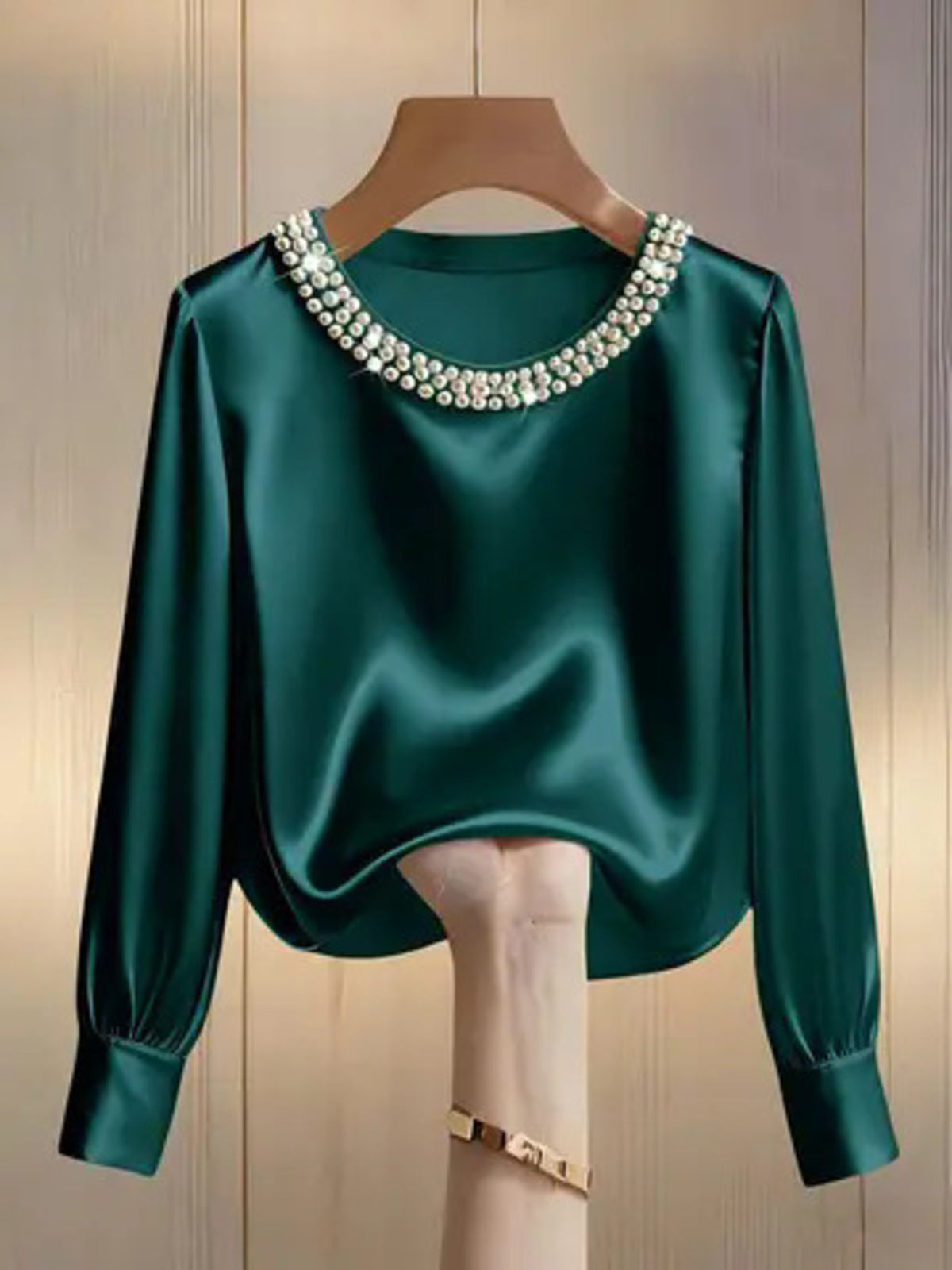 Pearl Trim Round Neck Satin Blouse - Green - View 10
