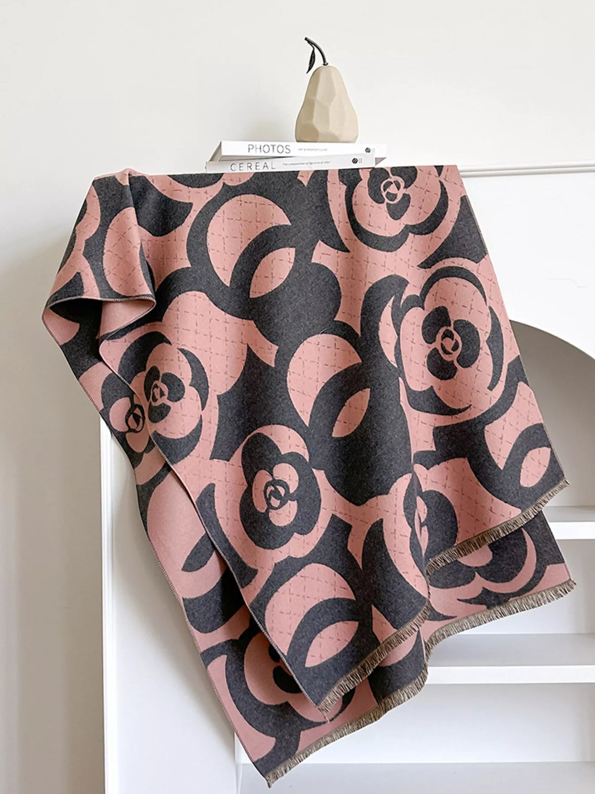 Floral Patterned Warm Scarf - Gray - View 4