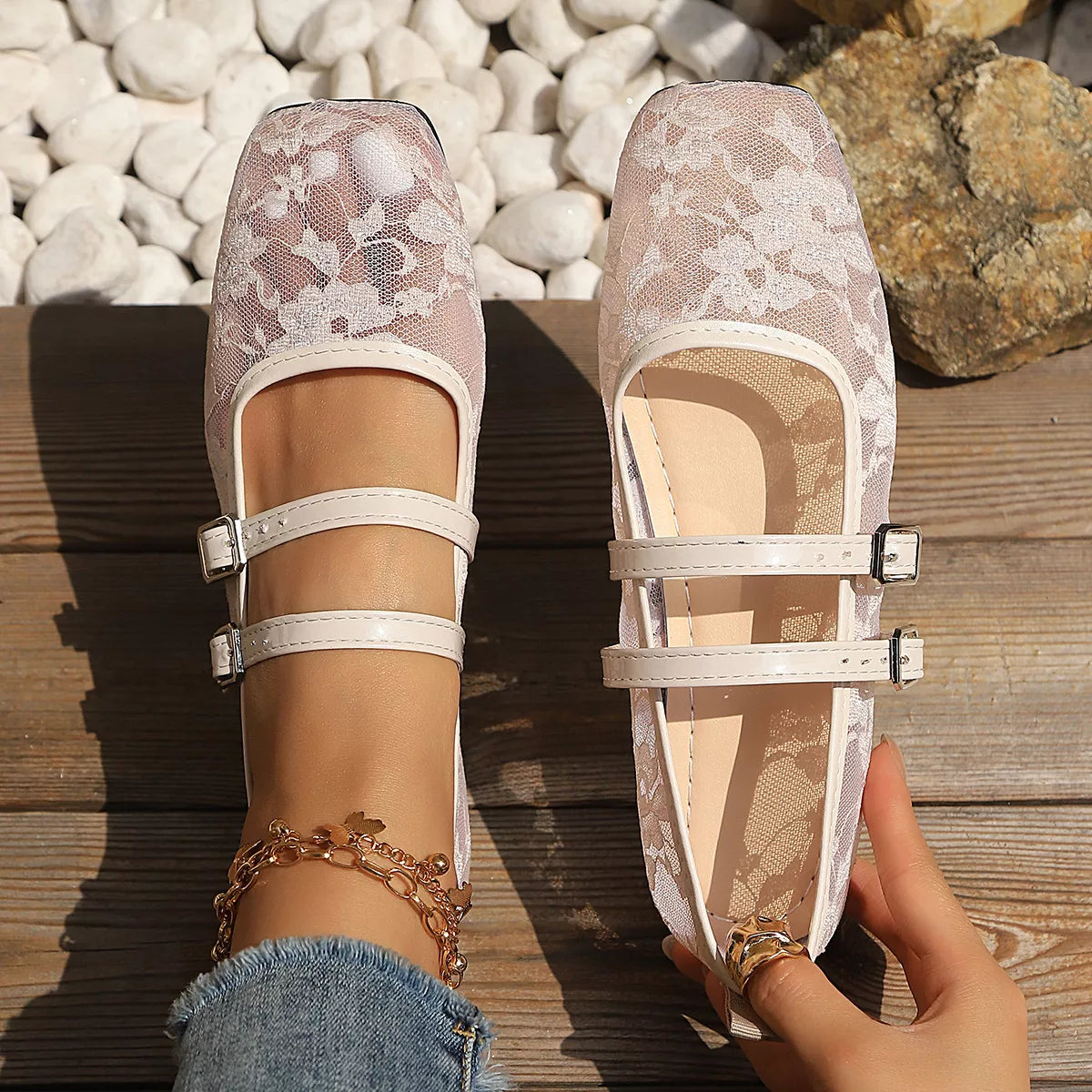 Square Toe Lace Slip-Ons - White - View 3