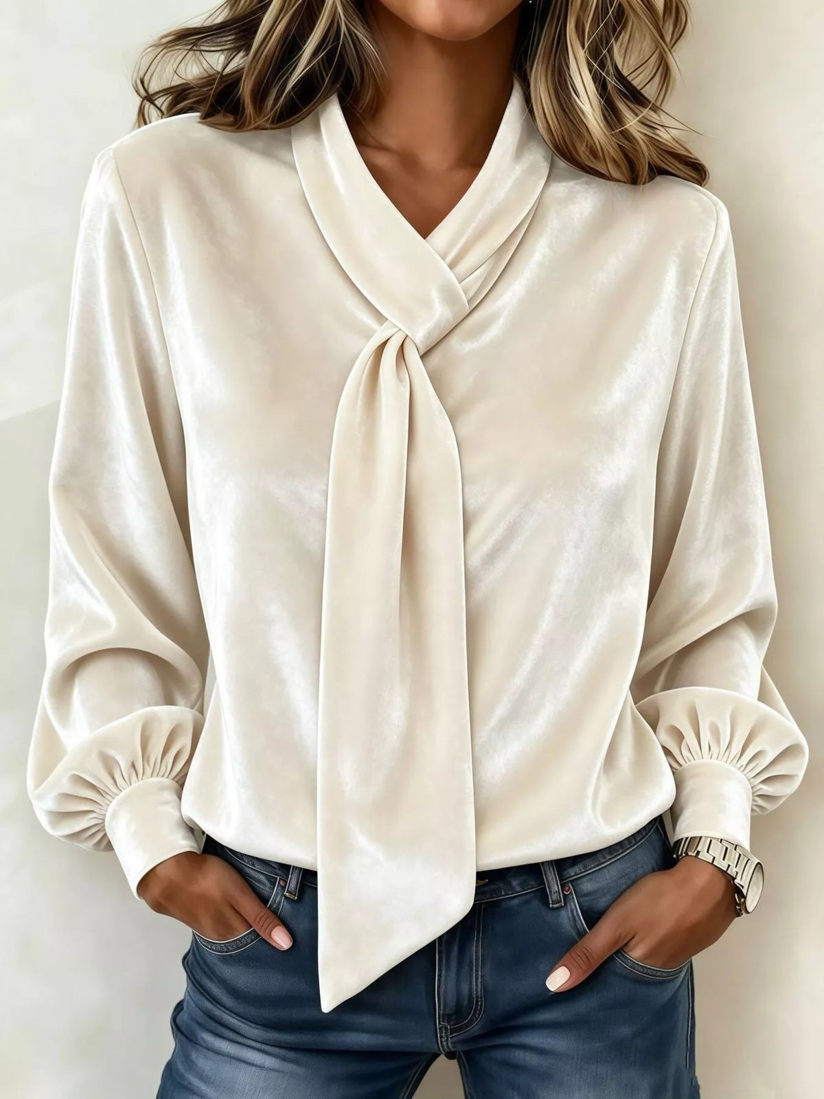 Full Size Velvet Tie-Neck Long Sleeve Blouse Plus Size - White - View 3