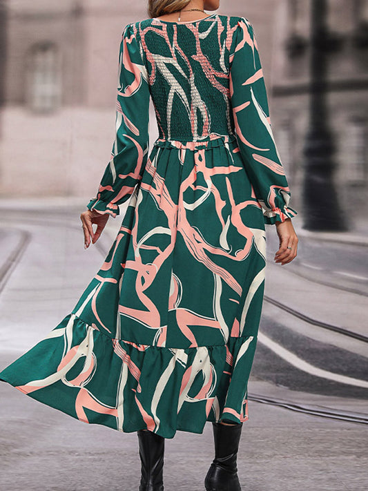 Perfee Printed Smocked V-Neck Three-Quarter Sleeve Midi Dress - Mid Green - View 2