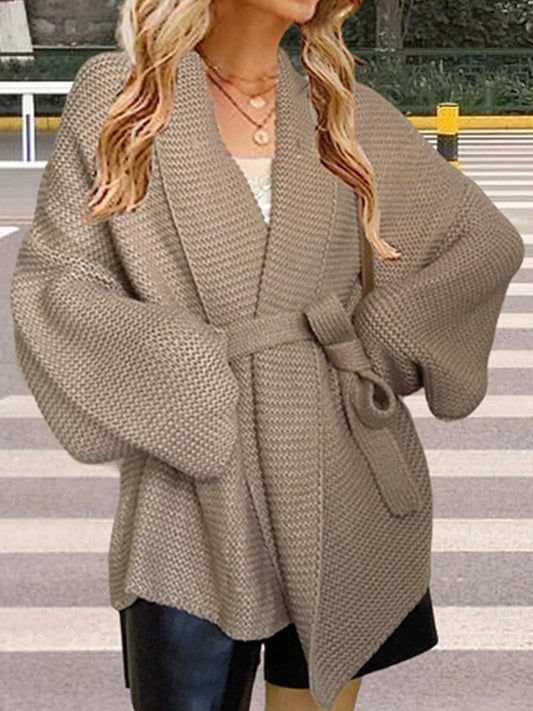 Full Size Belted Open-Front Knit Cardigan Plus Size - Khaki - View 1