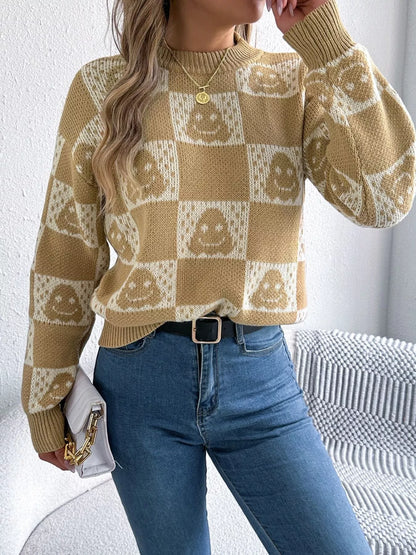 Checkerboard Halloween Graphic Sweater - Khaki - View 2