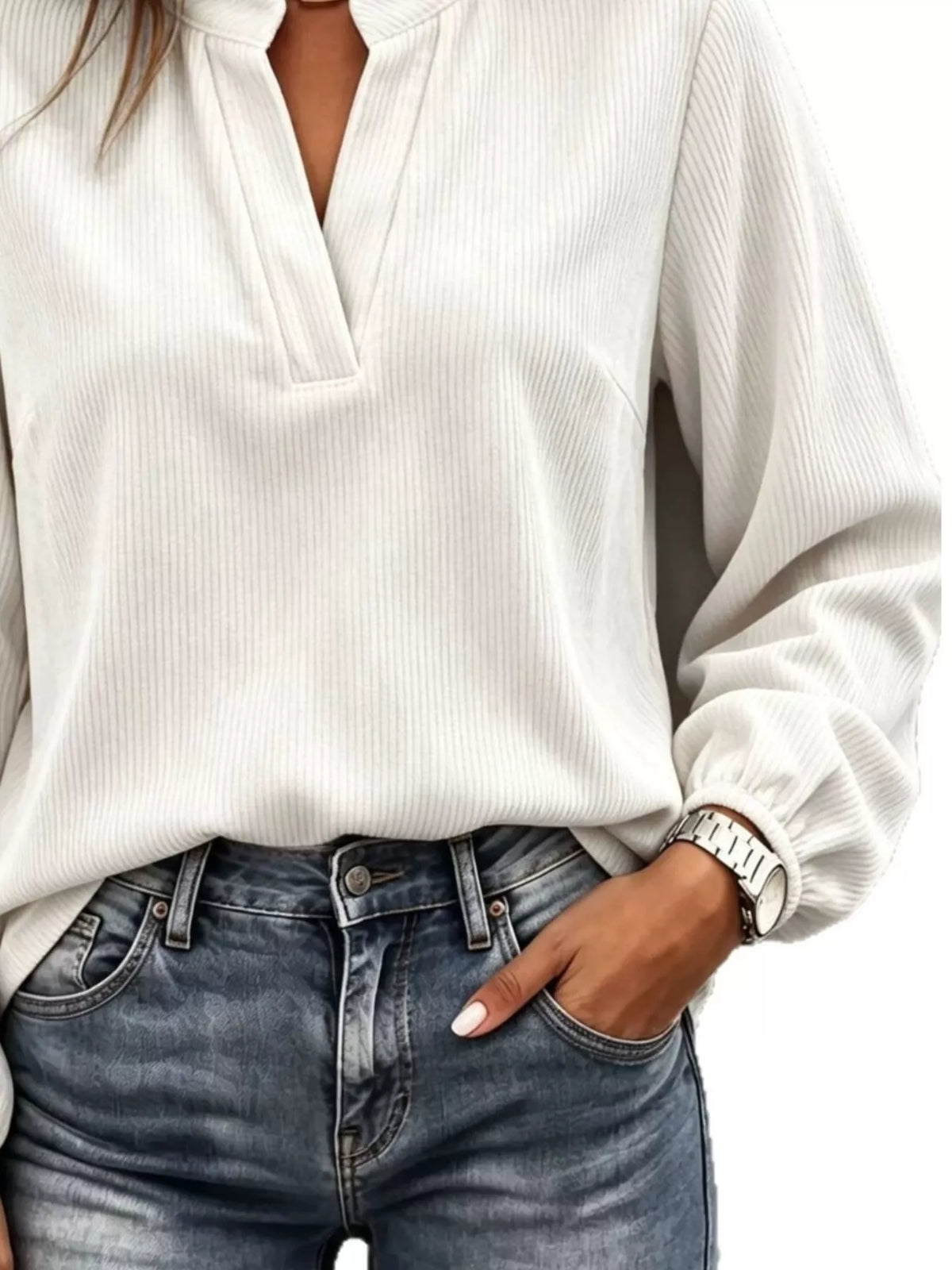 Full Size Corduroy Notched Long Sleeve Top Plus Size - White - View 3