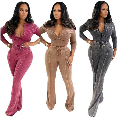 Casual Fashion Patchwork Washed Distressed Two-Piece Set for Women