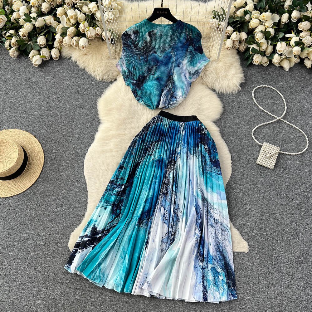 [EWQ] Elegant Short sleeved women's shirt+high waisted pleated skirt trend  2-piece set Summer vacation party clothing
